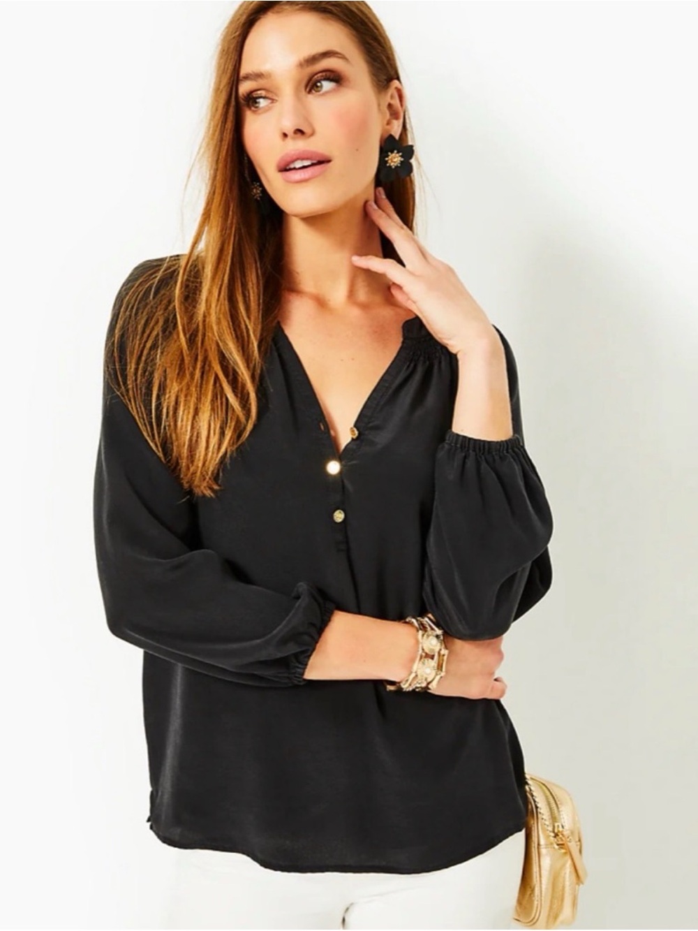 Lilly Pulitzer Black Button-Front Peasant Blouse